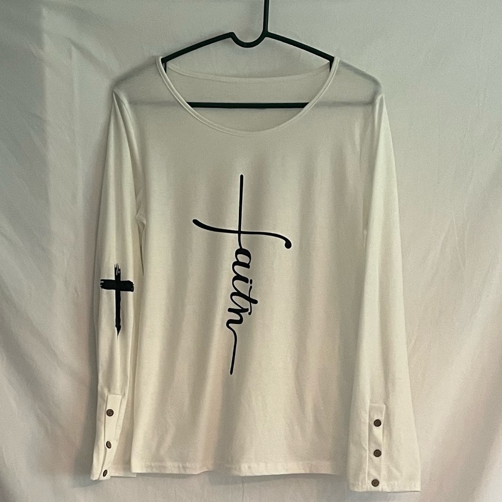 Women’s white FAITH small long sleeve T-shirt  $11